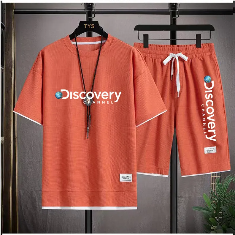 Men Casual Waffle Round Neck Short Sleeve Letter Print T-Shirt And Shorts Two-Piece Set