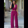 Women Elegant Work Office High Waist V Neck Sleeveless Solid Color Wide Leg Jumpsuits With Belt