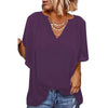 Women Casual Loose Solid Color V-Neck Pullover Ruffled Short Sleeve Blouses