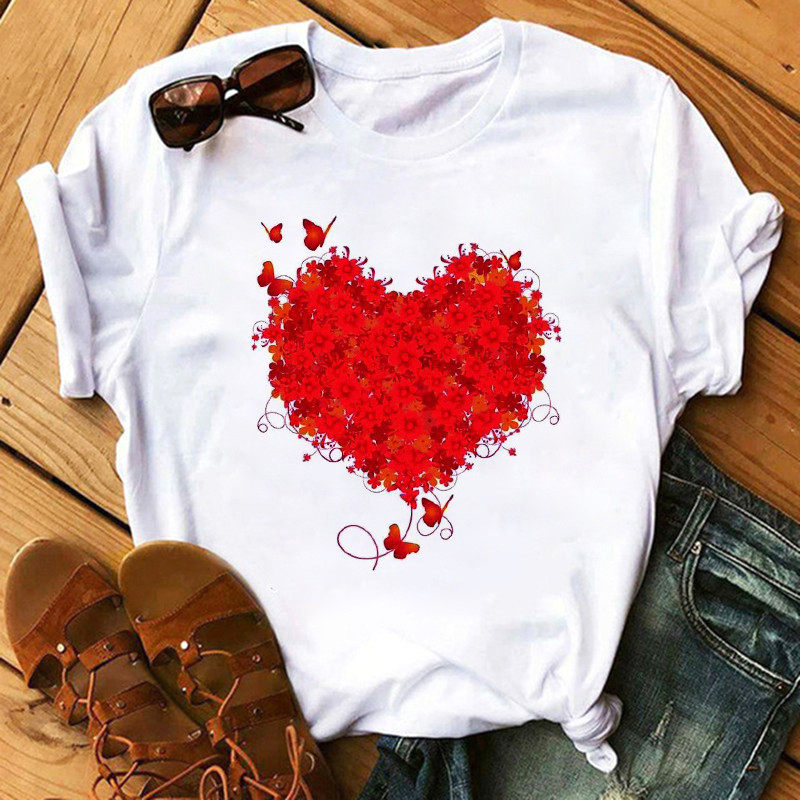 Women'S Fashion Love Flower Hot Air Balloon Print Round Neck Short Sleeve T-Shirt