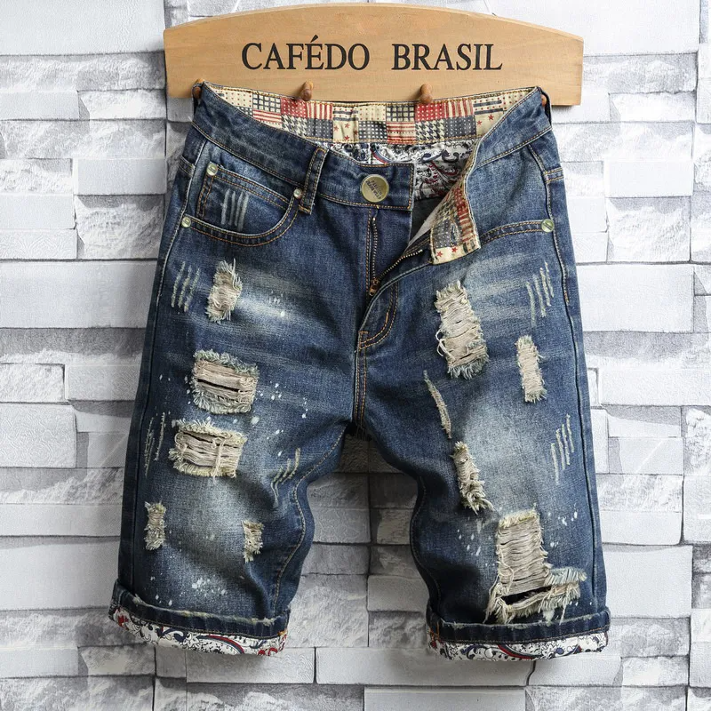 Men Summer Fashion Casual Color Matching Raw Hem Ripped Denim