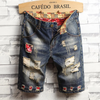 Men Summer Fashion Casual Color Matching Raw Hem Ripped Denim