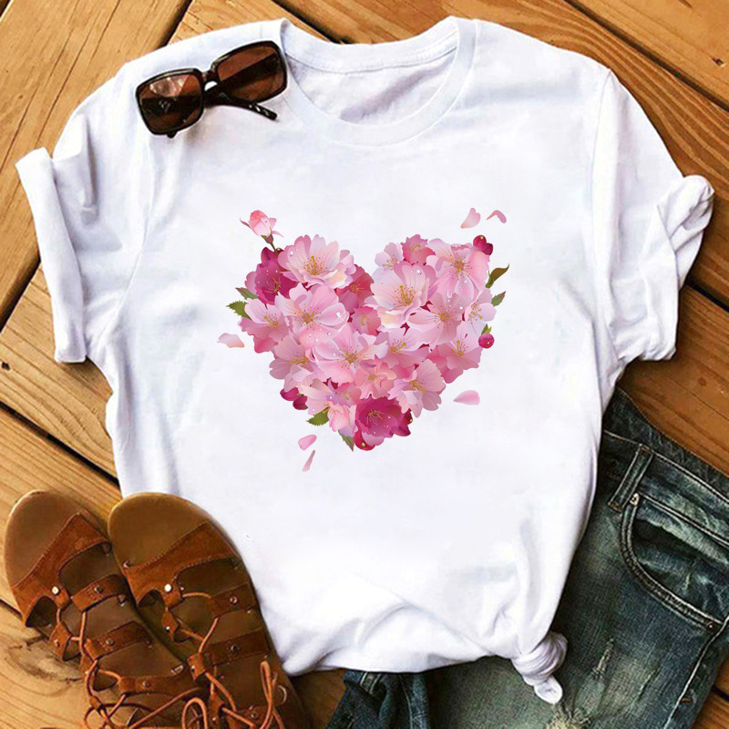 Women'S Fashion Love Flower Hot Air Balloon Print Round Neck Short Sleeve T-Shirt