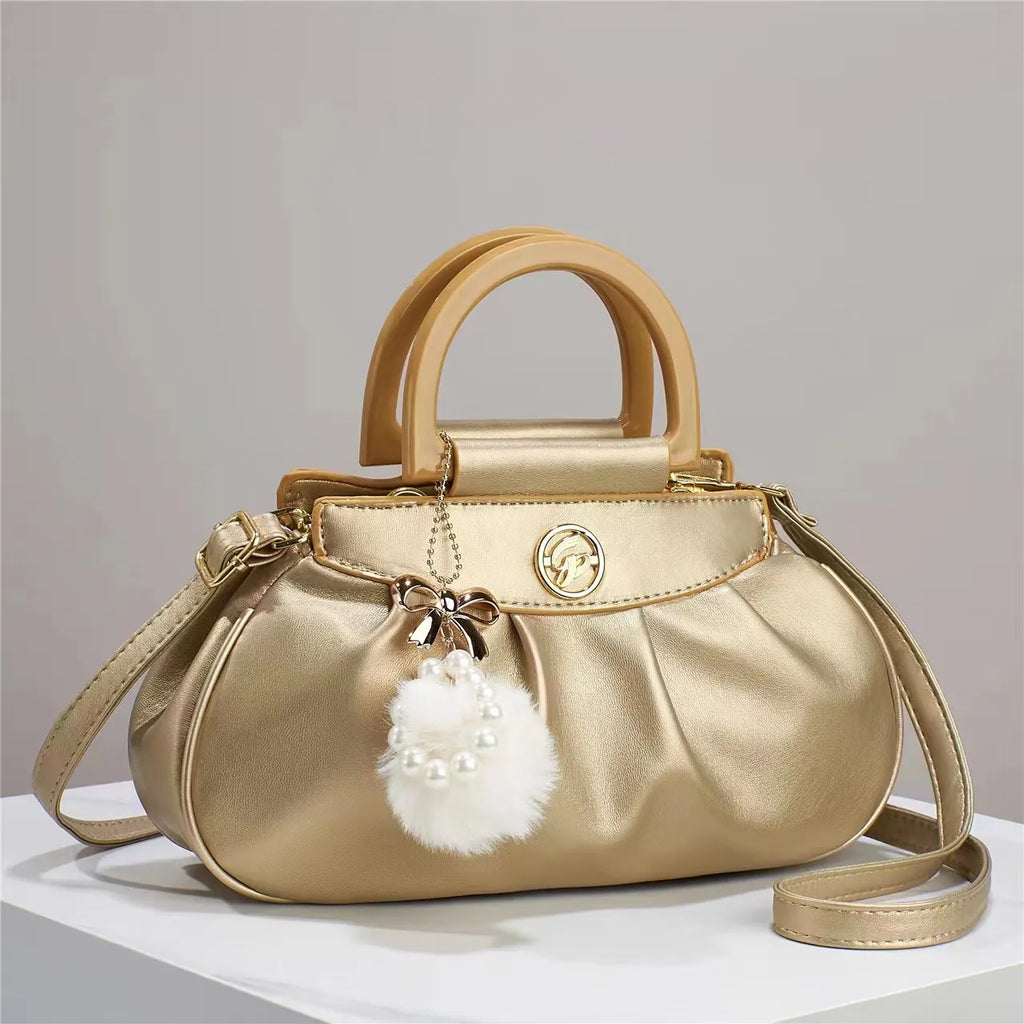 Women Fashion Plush Pendant Creased Large Capacity PU Handbag