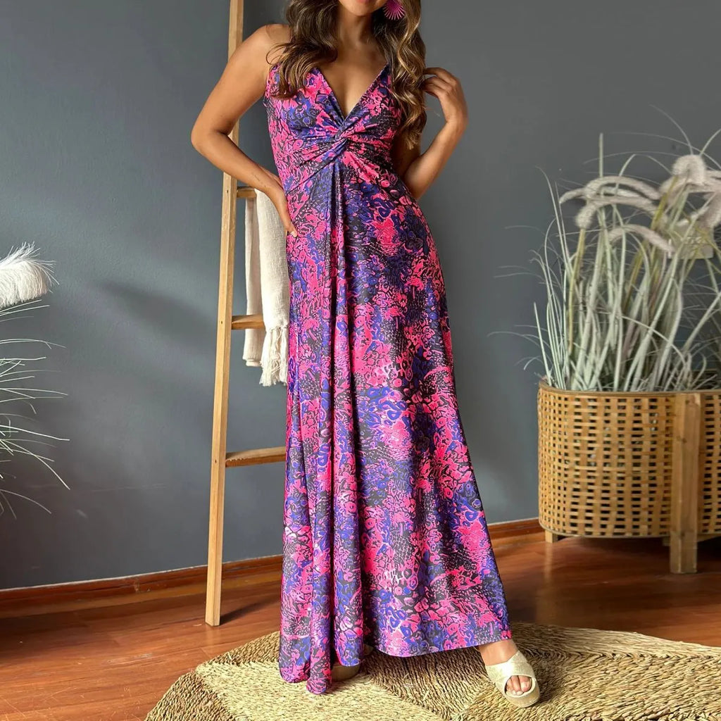 Summer Women Casual Bohemian V-Neck Floral Print Maxi Dress