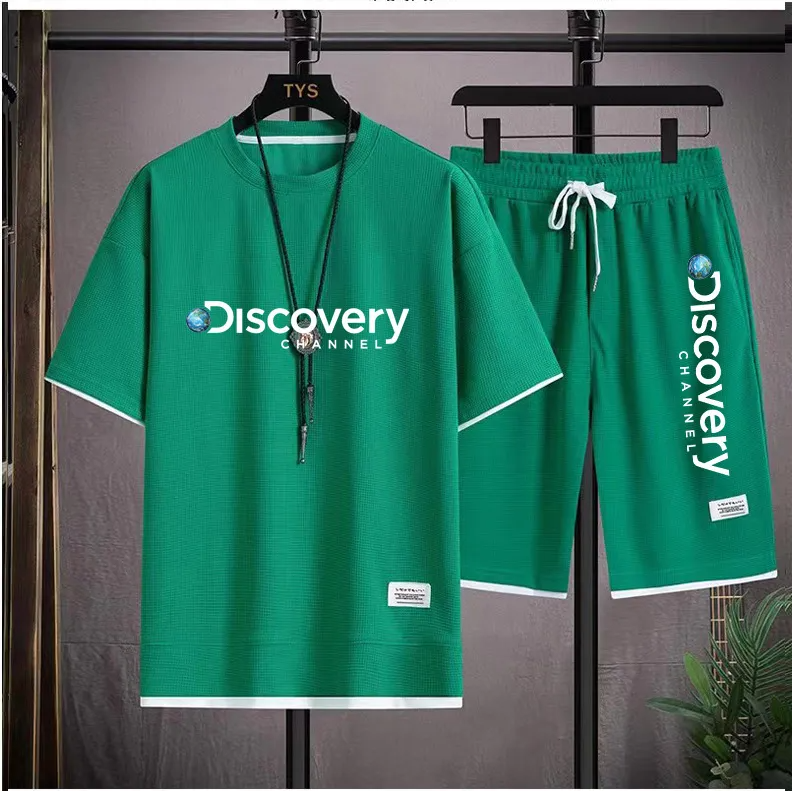 Men Casual Waffle Round Neck Short Sleeve Letter Print T-Shirt And Shorts Two-Piece Set