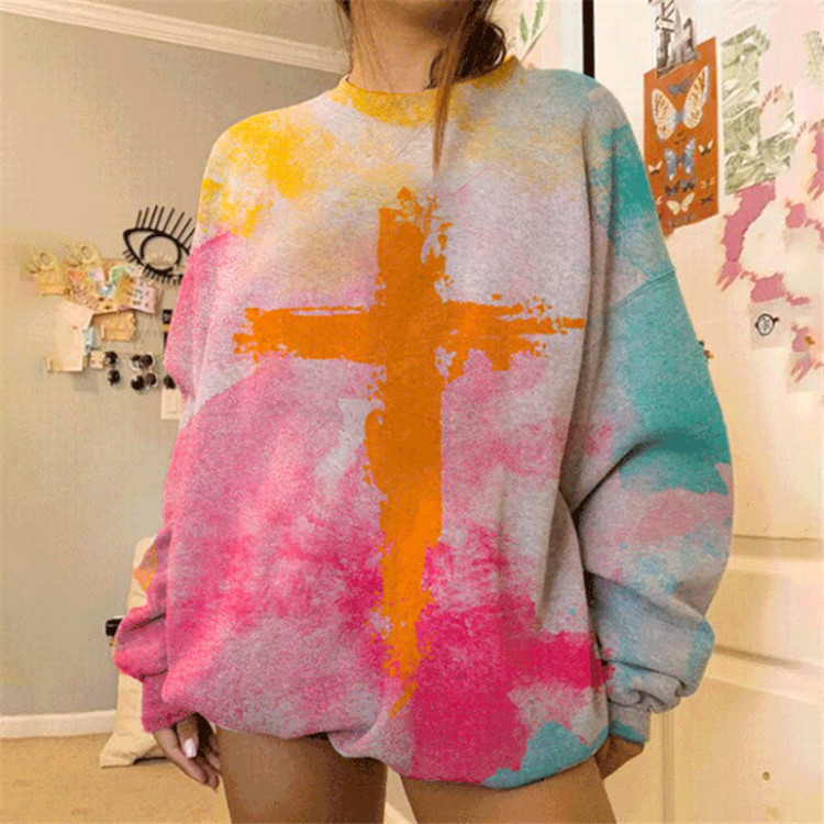 Casual Women Sweater Tie Dye Skull Letter Print Round Neck Sweatshirt