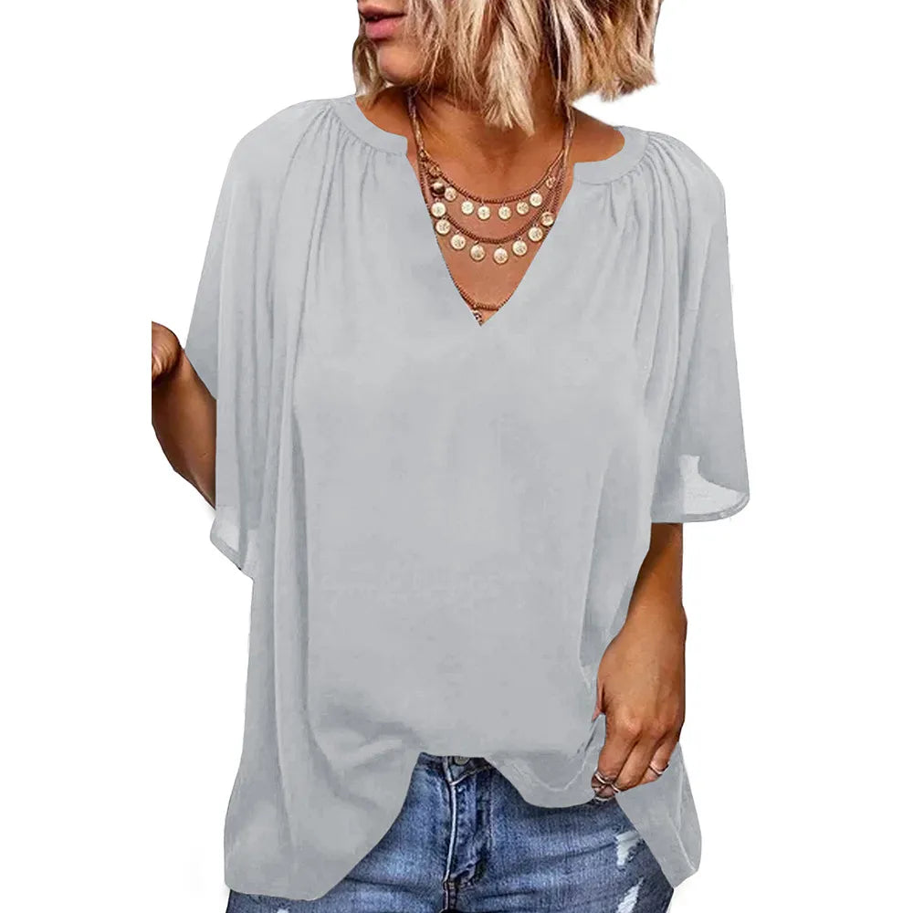 Women Casual Loose Solid Color V-Neck Pullover Ruffled Short Sleeve Blouses