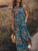 Women Fashion Vintage Casual Floral Printing Sleeveless Slit Loose Dress