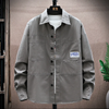 Men Casual Solid Color Badge Decoration Lapel Long Sleeve Slim Denim Shirt