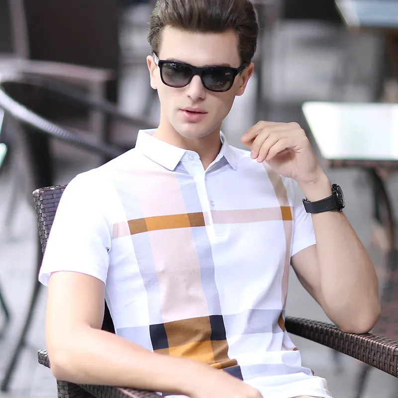 Men T-Shirt Lapel Plaid Short-Sleeved Cotton T-Shirt Summer T-Shirt