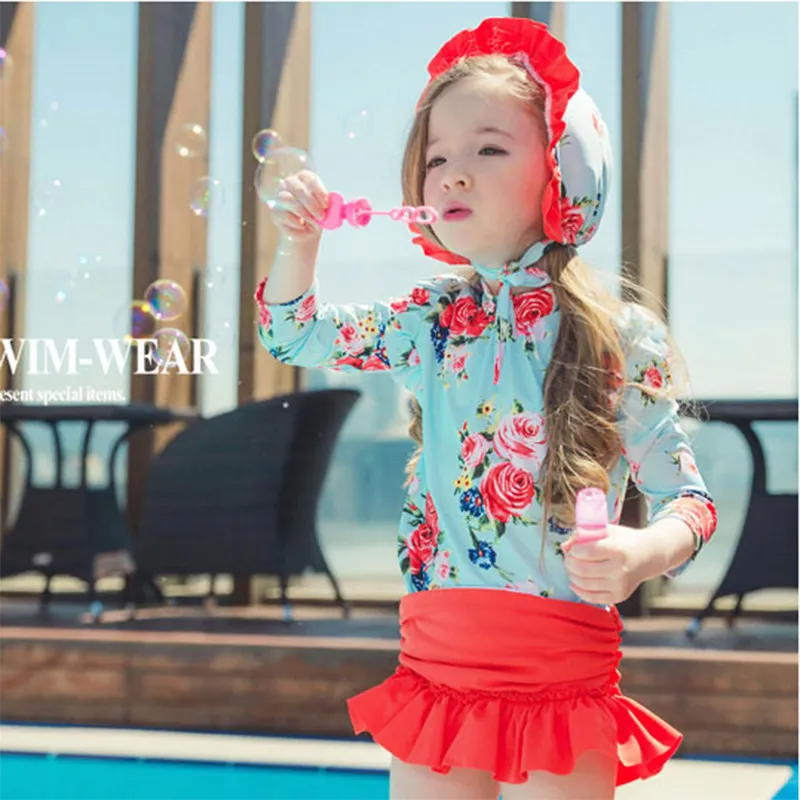 (Buy 1 Get 1) Children Kids Baby Fashion Girls Long Sleeve Quick-Drying Cartoon Flamingo Print Swimsuit 3pcs Set