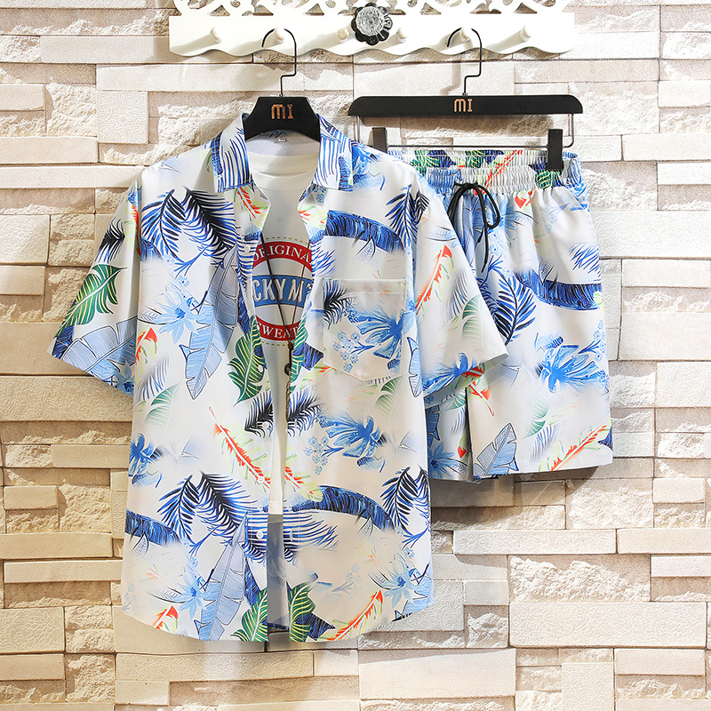 Men'S Fashion Lapel Floral Print Short Sleeve Beach Shirt And Shorts Two-Piece Set