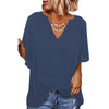 Women Casual Loose Solid Color V-Neck Pullover Ruffled Short Sleeve Blouses