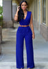 Women Elegant Work Office High Waist V Neck Sleeveless Solid Color Wide Leg Jumpsuits With Belt