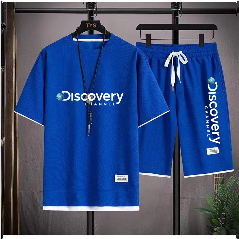 Men Casual Waffle Round Neck Short Sleeve Letter Print T-Shirt And Shorts Two-Piece Set