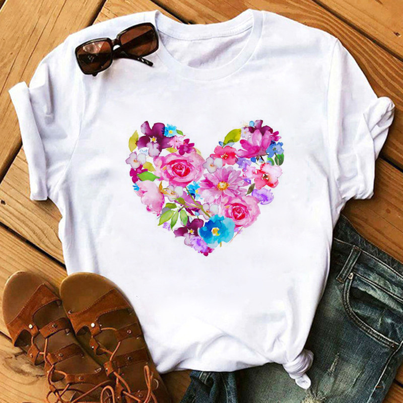 Women'S Fashion Love Flower Hot Air Balloon Print Round Neck Short Sleeve T-Shirt