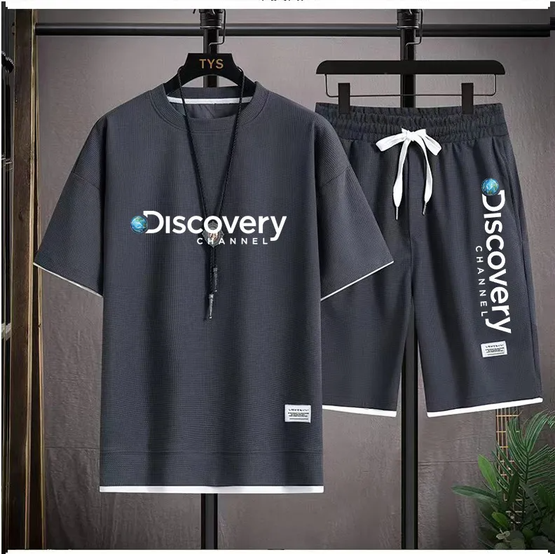 Men Casual Waffle Round Neck Short Sleeve Letter Print T-Shirt And Shorts Two-Piece Set