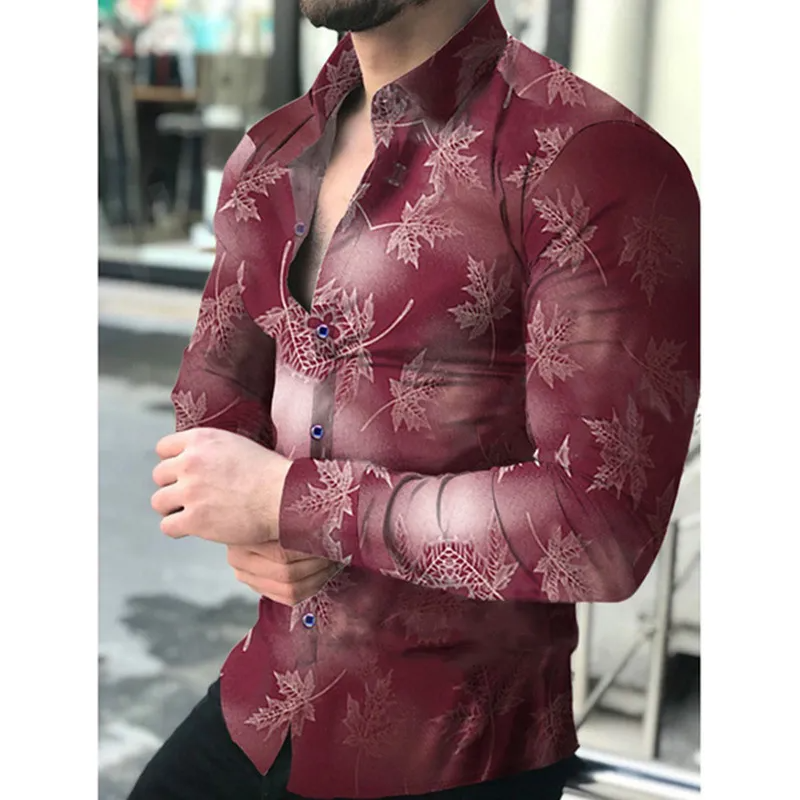 Men Fashion Casual 3D Maple Leaf Print Long Sleeve Lapel Shirt