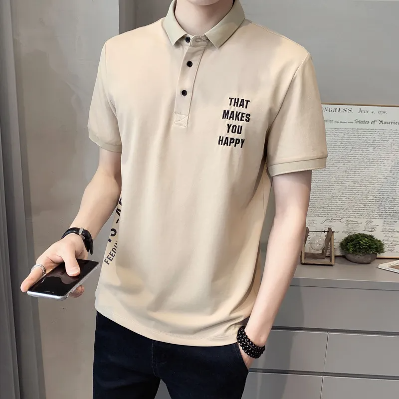 Men Casual Solid Color Letter Print Slim Fit Lapel Short Sleeve Polo Shirt