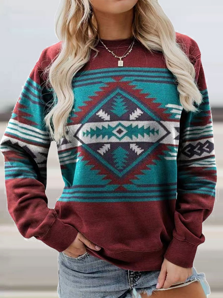 Women Autumn Winter Long-Sleeved Round Neck Ethnic Vintage Sweatshirt