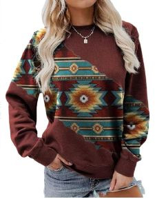 Women Autumn Winter Long-Sleeved Round Neck Ethnic Vintage Sweatshirt