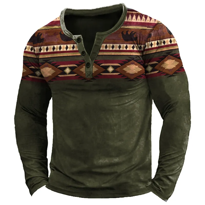 Men Ethnic Vintage Printed Long Sleeve Polo Shirt