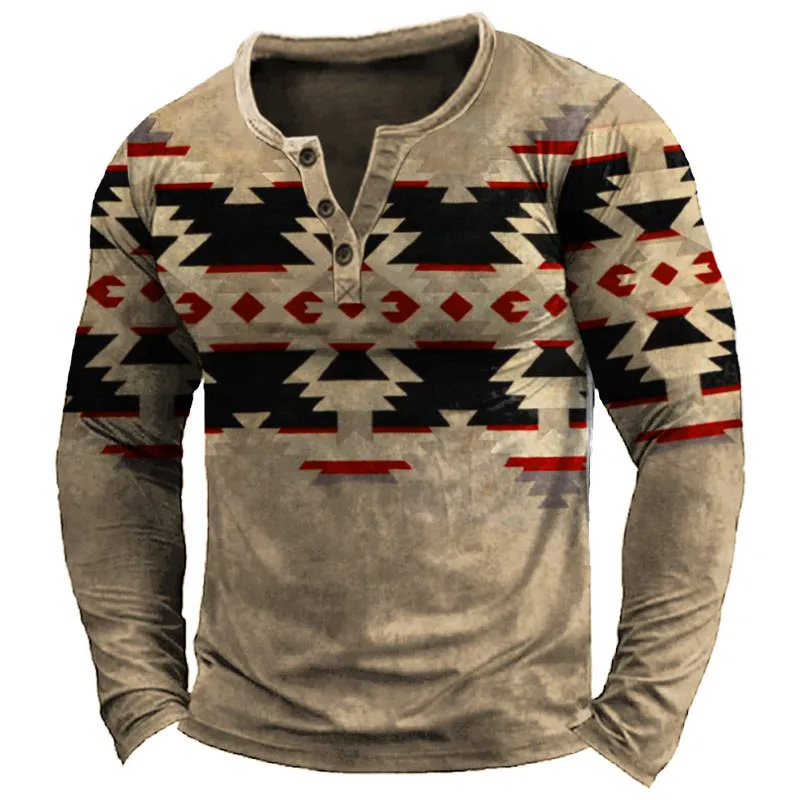 Men Ethnic Vintage Printed Long Sleeve Polo Shirt