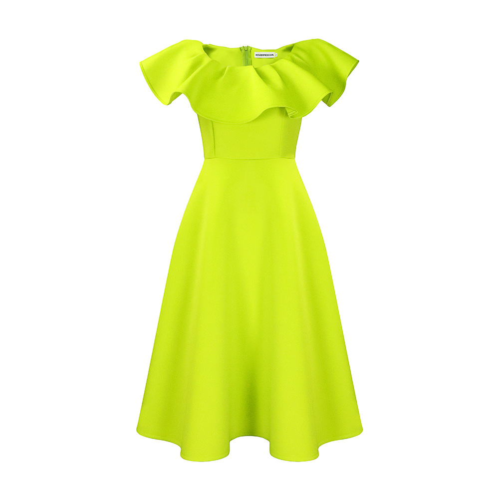 Women Fashion Elegant Solid Color Ruffled Neck Short Sleeve Defined Waist Dress