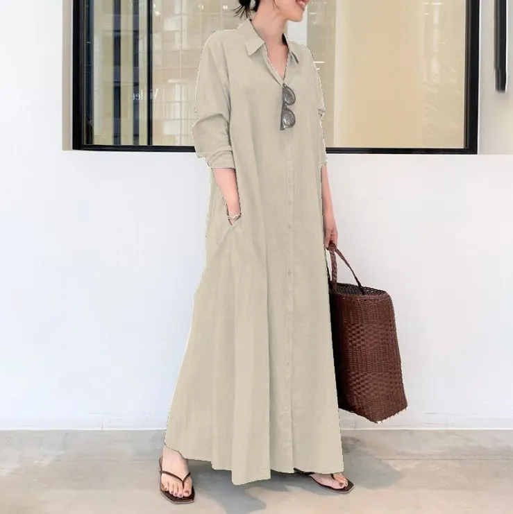 (Buy 1 Get 1) Casual Ramadan /Eid Women Solid Color Lapel Long Sleeve Pocket Simple Shirt Maxi Dress