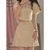 Women'S Preppy Style Puff Sleeve Polo Collar Short-Sleeved Cropped Top Fashion Skirt Sets