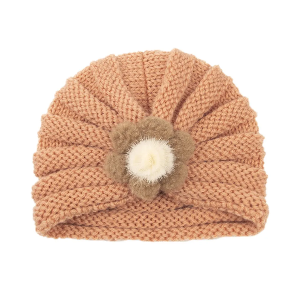 Kids Simple Solid Color Big Flower Warm Woolen Knitted Pullover Hat