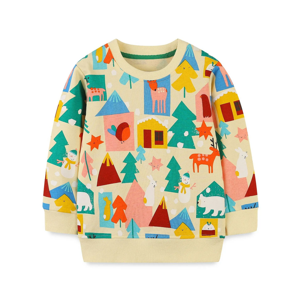 Kids Toddler Girls Autumn Winter Fashion Casual Cute Christmas House Snowman Fawn Print Round Neck Sweatshirts