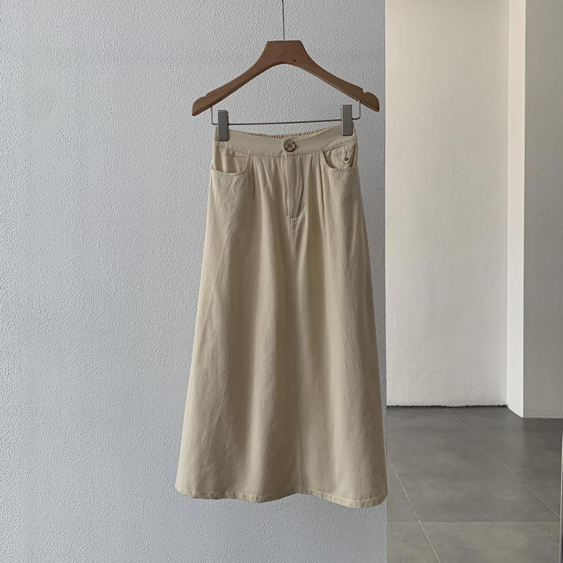 Women Summer Washed Coconut Buckle Basic Solid Color Semi-Elastic High Waist A-Line Skirt