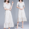 Women Elegant Soft Slim-Fit Square Neck Lace Stitching Embroidery Mesh Ruffled Dress