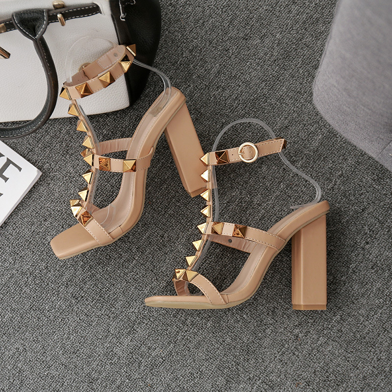 Women Plus Size Chunky Heel Metal Rivets Ankle Buckle High Heels Sandals