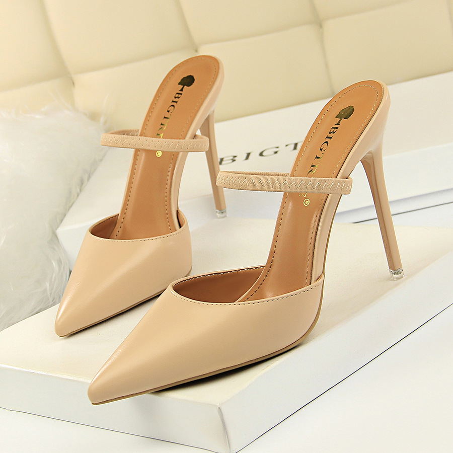 Women Fashion Sexy PU Solid Color Pointed Toe Stiletto Heel Slippers