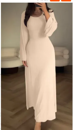 Women Fashion Casual Loose Solid Color Long Sleeve Maxi Dress