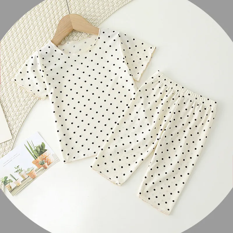 Girls Casual Round Neck Short Sleeve Polka Dot Top And Pants Pajama Set