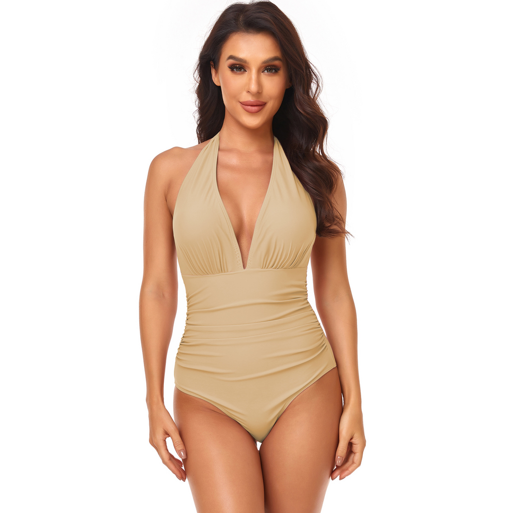 Women Simple Solid Color Shirring Halter Neck One-Piece Swimwear