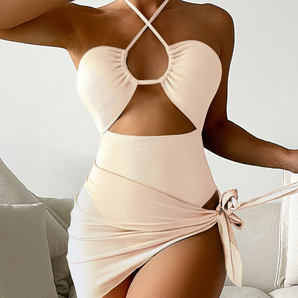 Women Sexy Pure Color Mesh Halter One-Piece Swimsuit Set