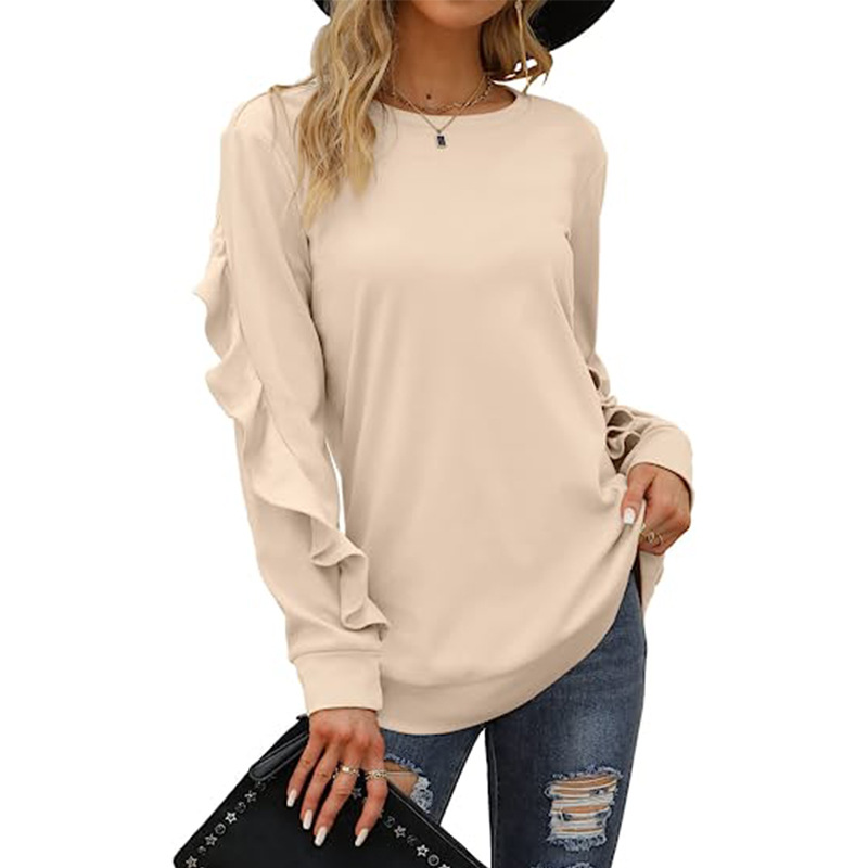 Autumn Winter Women Casual Round Neck Long Sleeve Ruffled Sweatshirt