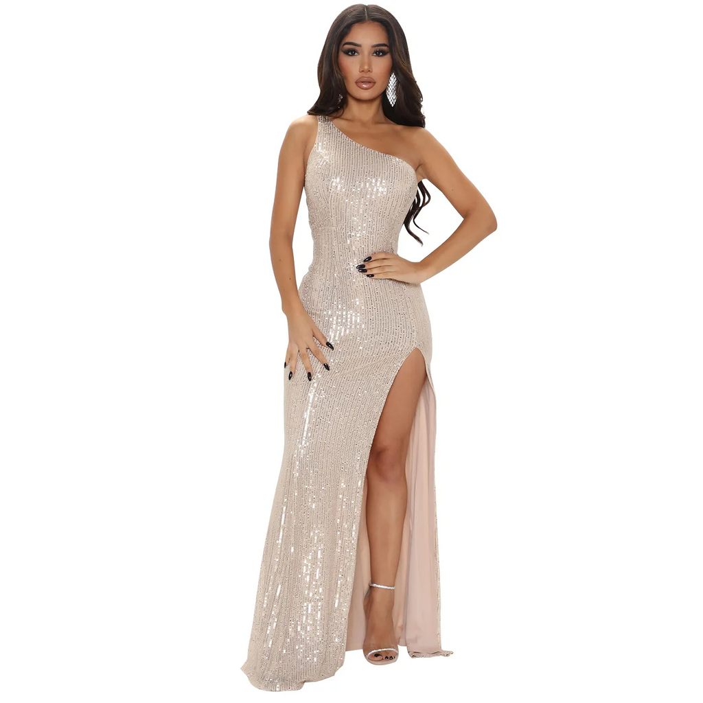 Women Fashion Sexy Oblique Shoulder Sleeveless Sequin High Cut Side Split Party Maxi Dress