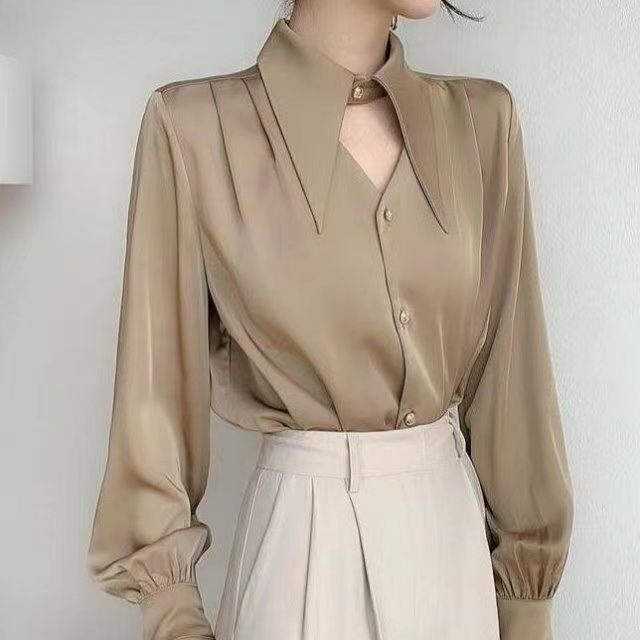 Women Fashion Elegant Solid Color Pointed Collar Long Sleeve Cut Out Shirt Blouse