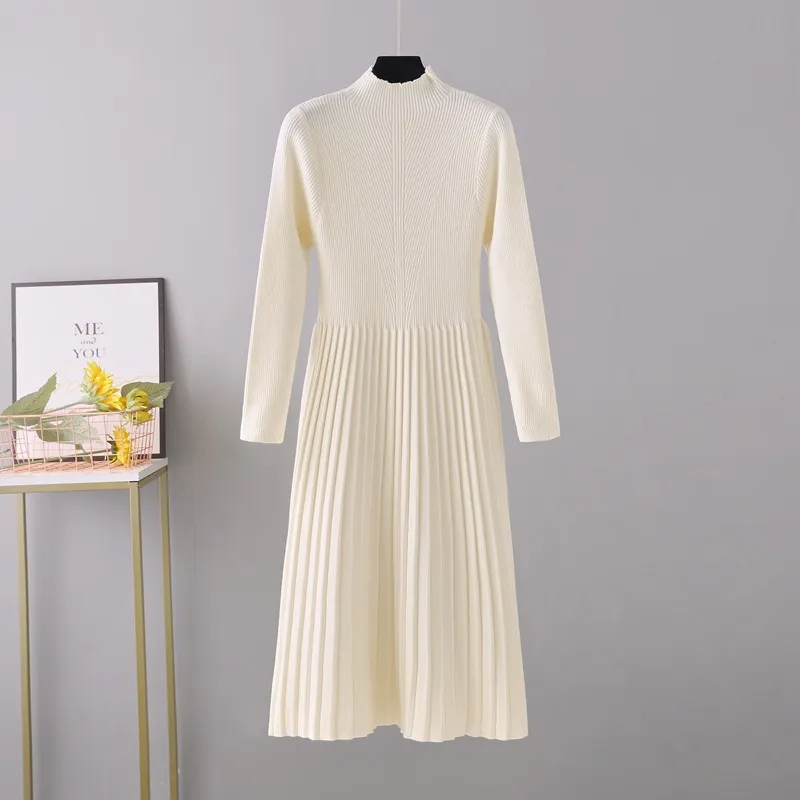 (Buy 1 Get 1) Women Elegant Autumn And Winter Solid Color High Collar Long Sleeve Knitted Pleated Dress