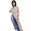 Women Fashion Round Neck Sleeveless High Slit Rhinestone Star Party Style Dress