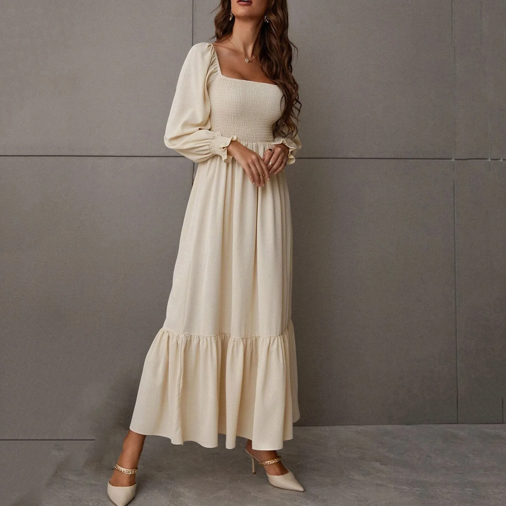 Women Ramadan /Eid Fashion Solid Color Square Collar Long Sleeve Ruffled High Waist Maxi Dress