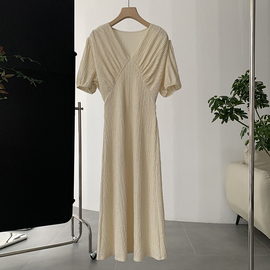 Fashion Elegant Women V-Neck Solid Color Bubble Short-Sleeved Mid-Length Defined Waist Dress