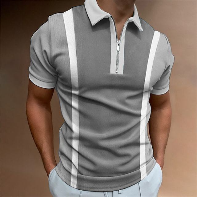 Men'S Casual Lapel Short-Sleeved Color-Block Zipper Polo Shirt