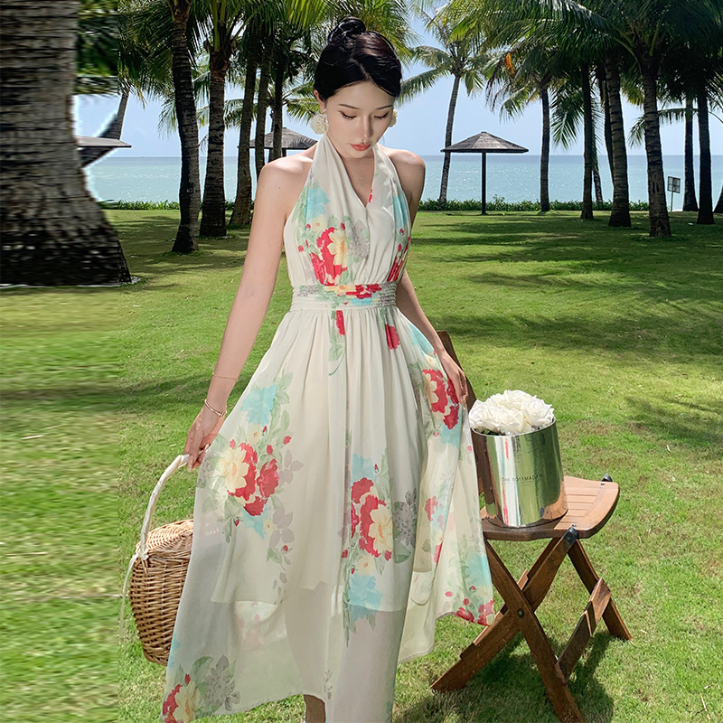 Women Fashion Elegant Vacation Floral Printed Halter Neck Backless Sleeveless Defined Waist Maxi Dress